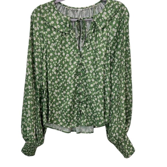 Anthropologie Button-Front Peasant Blouse In Green Motif - Picture 7 of 8